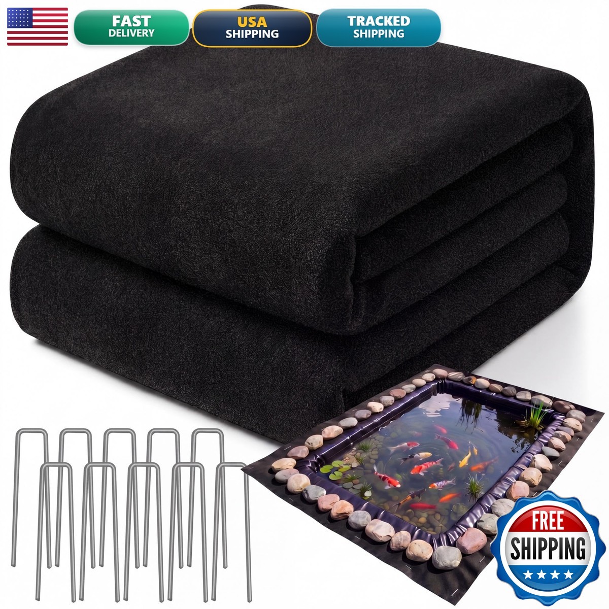 Fanfanwin 15 x 25 Ft Pond Liner Underlayment 10 U-pins, 6oz, Black Fanfanwin 15 x 25 Ft Pond Liner Underlayment 10 U-pins, 6oz, Black