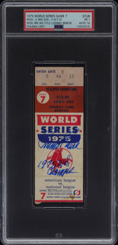 1975 World Series Johnny Bench Signed Baseball Gm 7 Ticket PSA/DNA 10 Certified