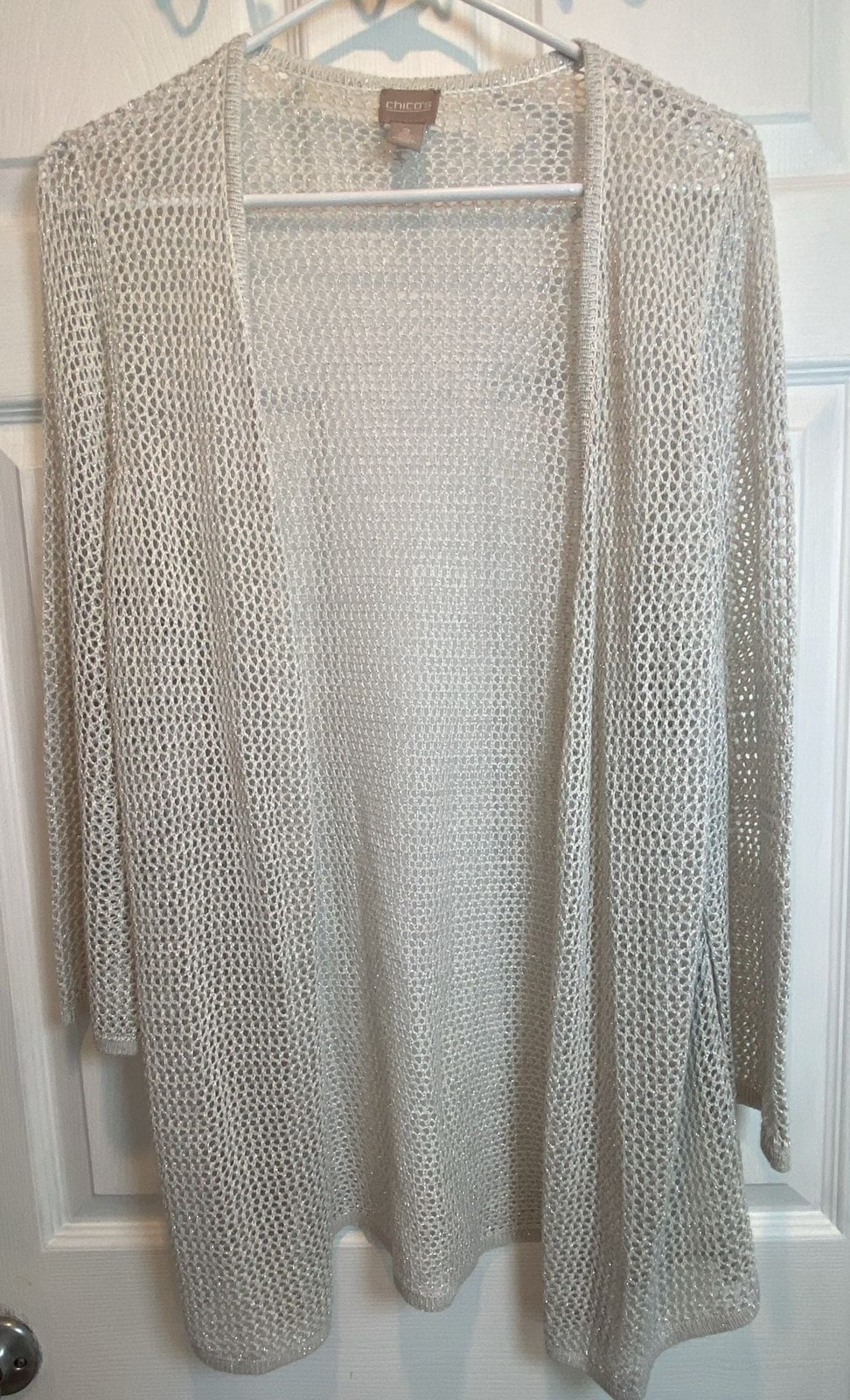 Chico\'s Cardigan Size 2 Silver Metallic Open Front Crochet Knit