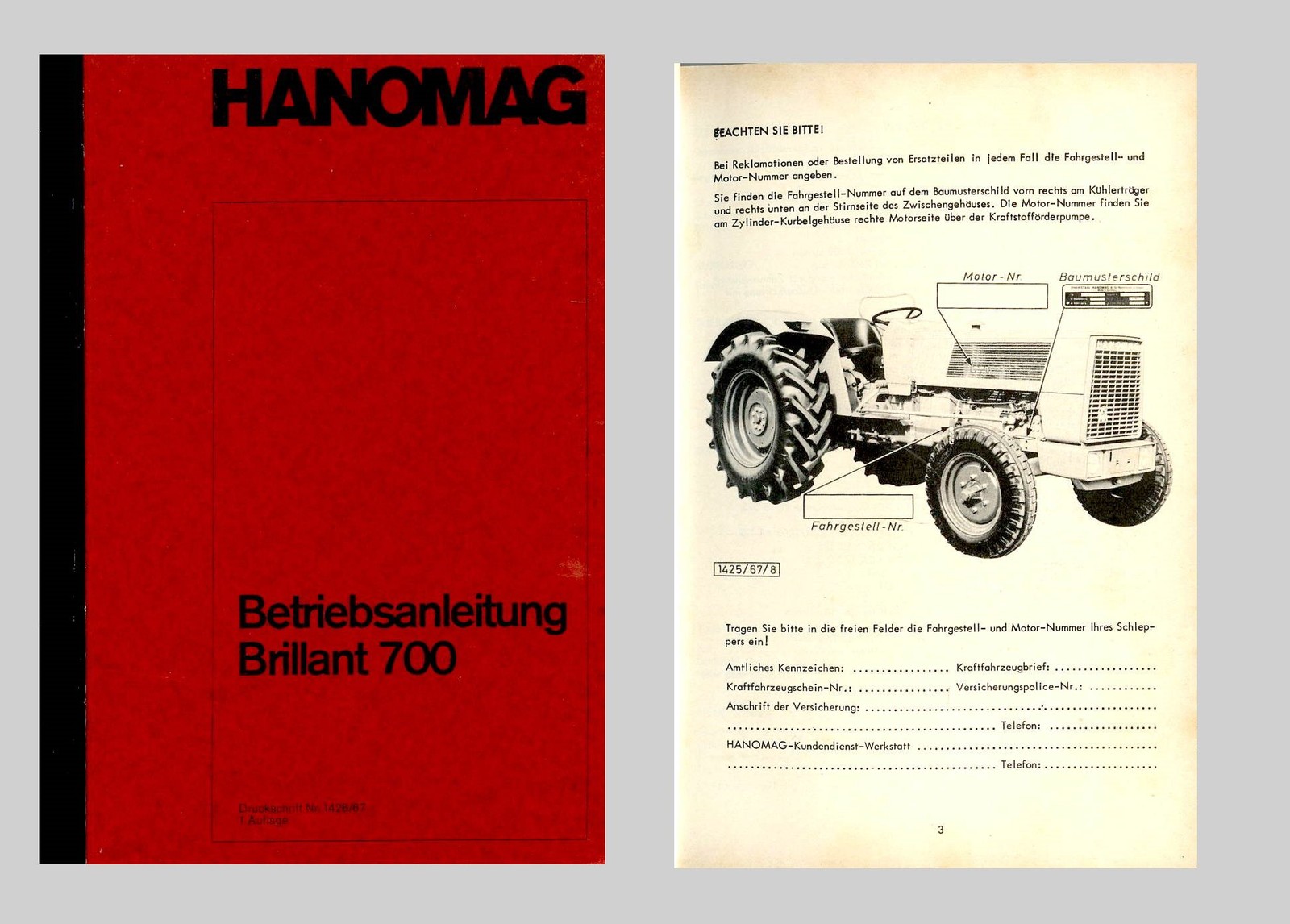 Hanomag Brillant 700 Tractor Operating Instructions Original 1967