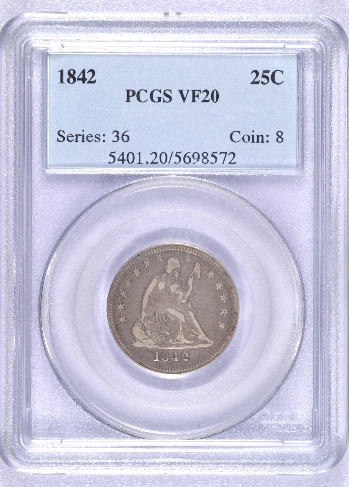 1842 SEATED LIBERTY QUARTER PCGS VF20 ORIGINAL LILAC GRAY LARGE DATE