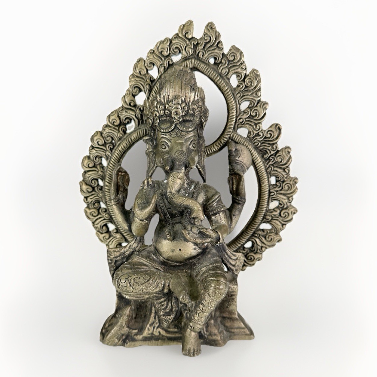 Antique Indian Brass Statue of Lord GANESHA On Throne W Elaborate Arch Hindu