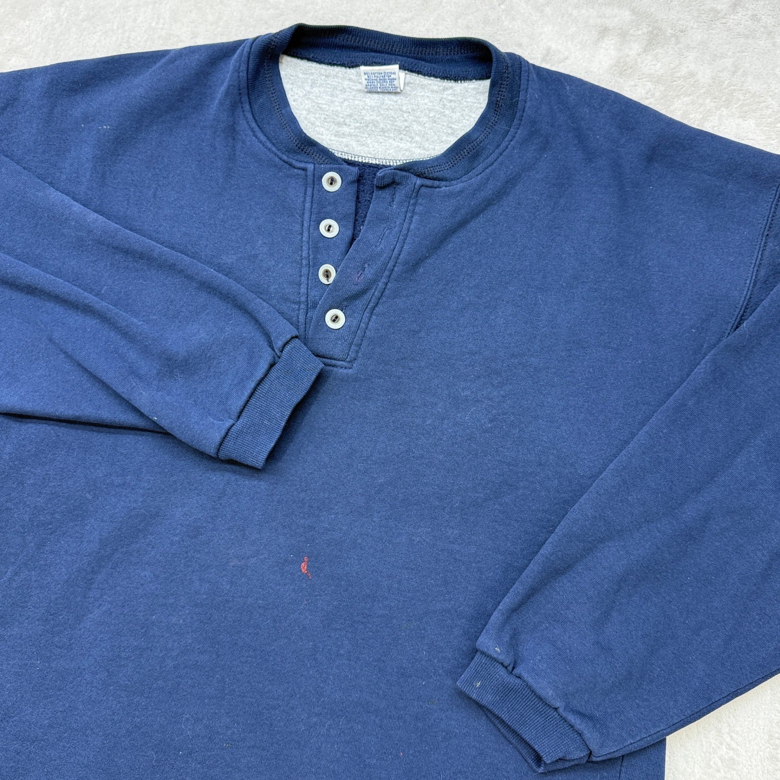 Vintage Russell Athletic Henley Sweatshirt Mens Medium Navy Blue USA Made 90s