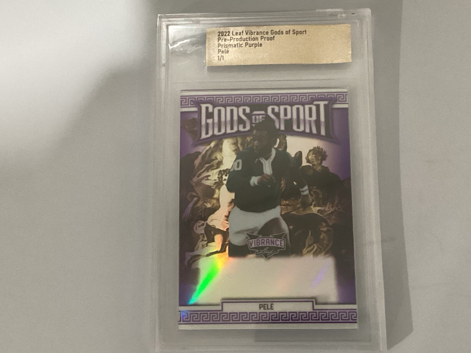 1/1 Pelé 2022 Leaf Vibrance Gods of Sport, Pre Production Proof Prismatic Purple 1/1 Pelé 2022 Leaf Vibrance Gods of Sport, Pre Production Proof Prismatic Purple
