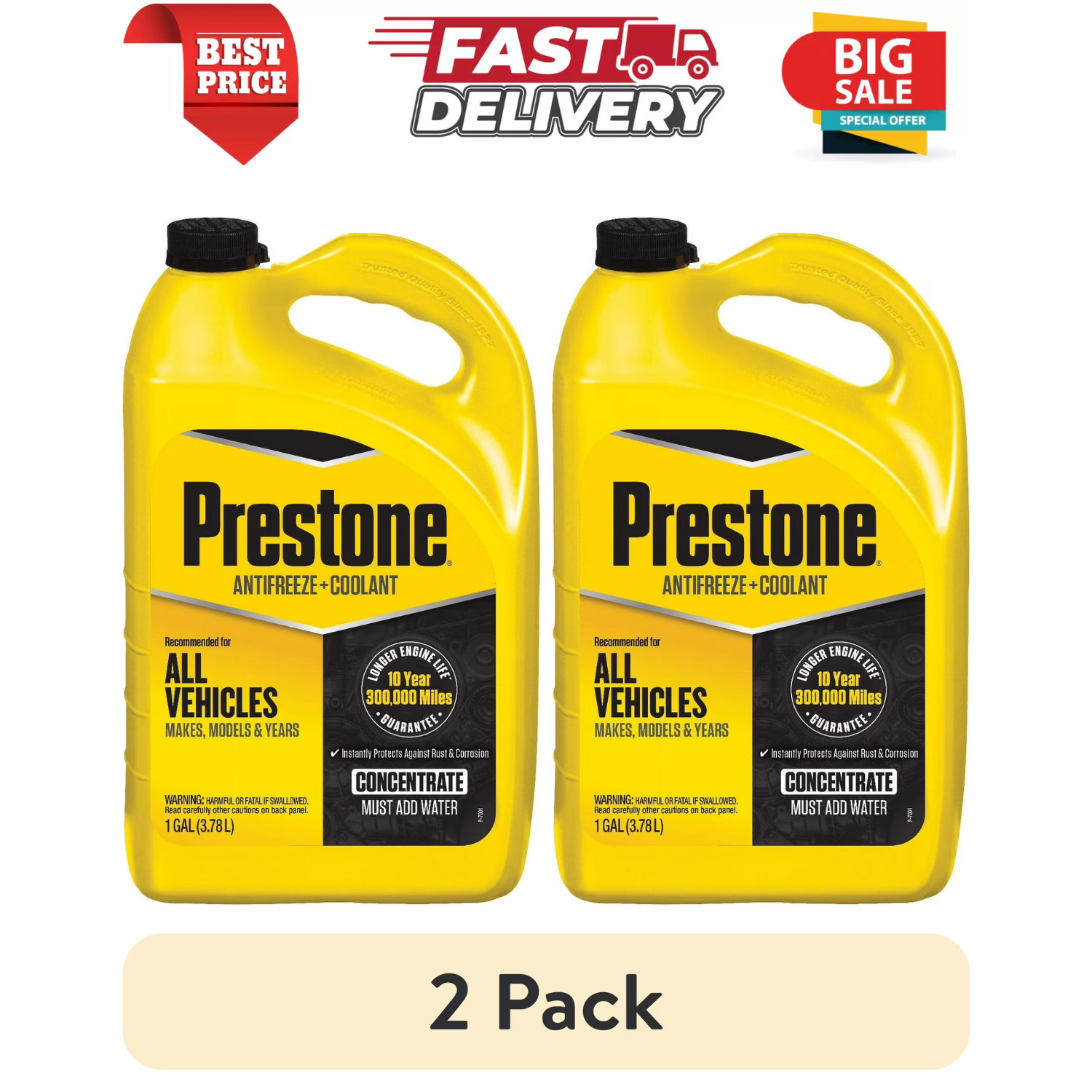 2pk Prestone Extended Life Antifreeze Coolant Concentrate For All Vehicles, 1Gal