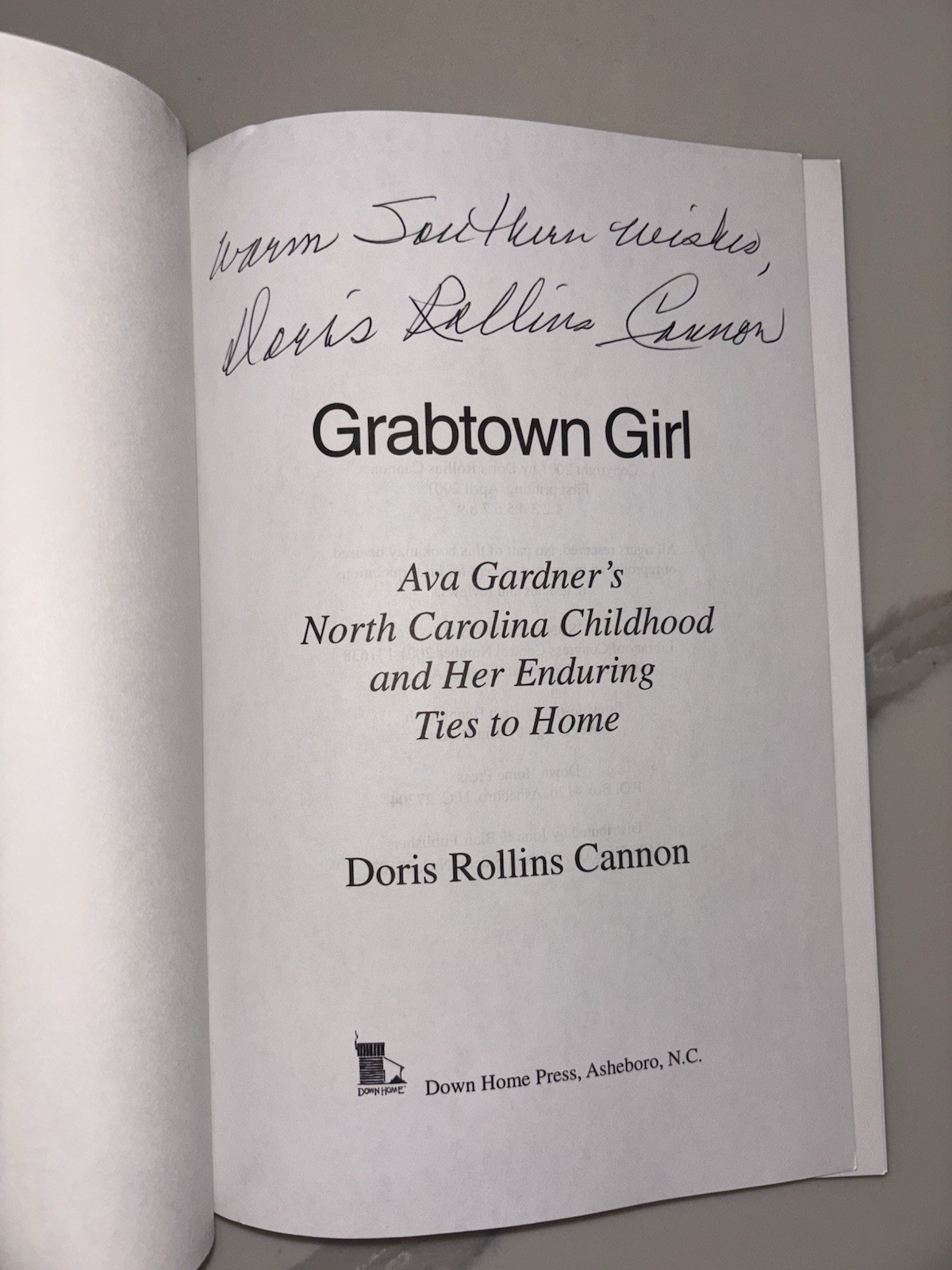 Grabtown Girl - Ava Gardner NC Childhood Signed Book, Doris Rollins Cannon. 1st 