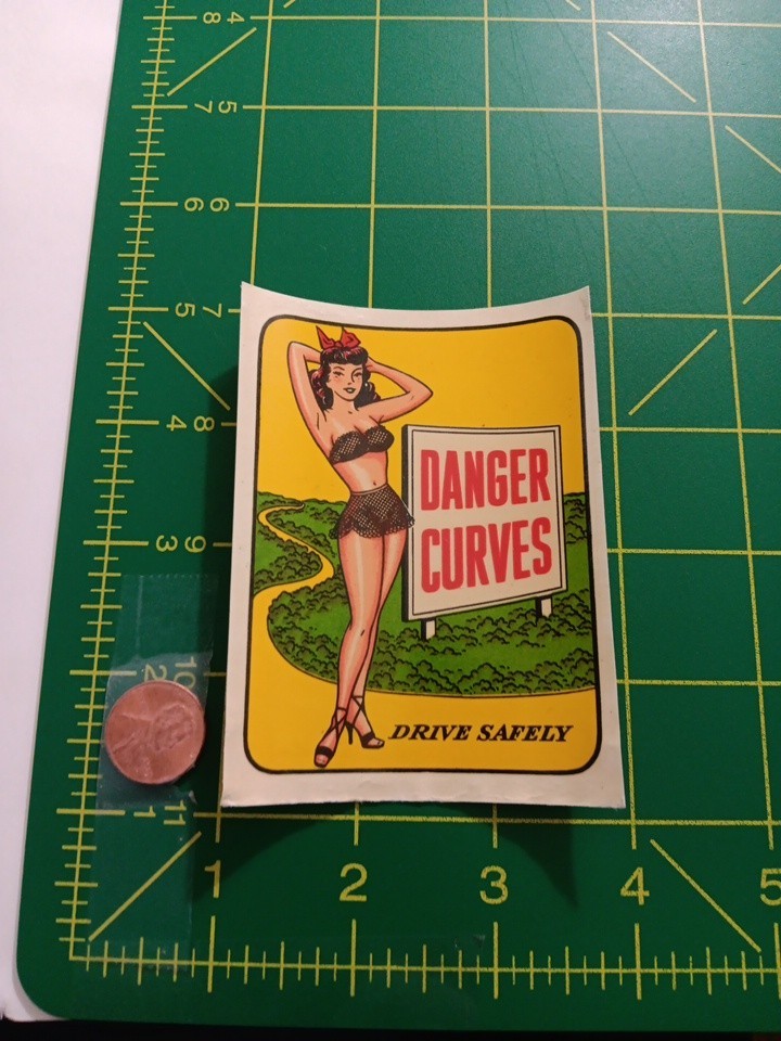 VINTAGE ORIGINAL 1950s SEXY DANGER CURVES PINUP WATERSLIDE DECAL VINTAGE ORIGINAL 1950s SEXY DANGER CURVES PINUP WATERSLIDE DECAL
