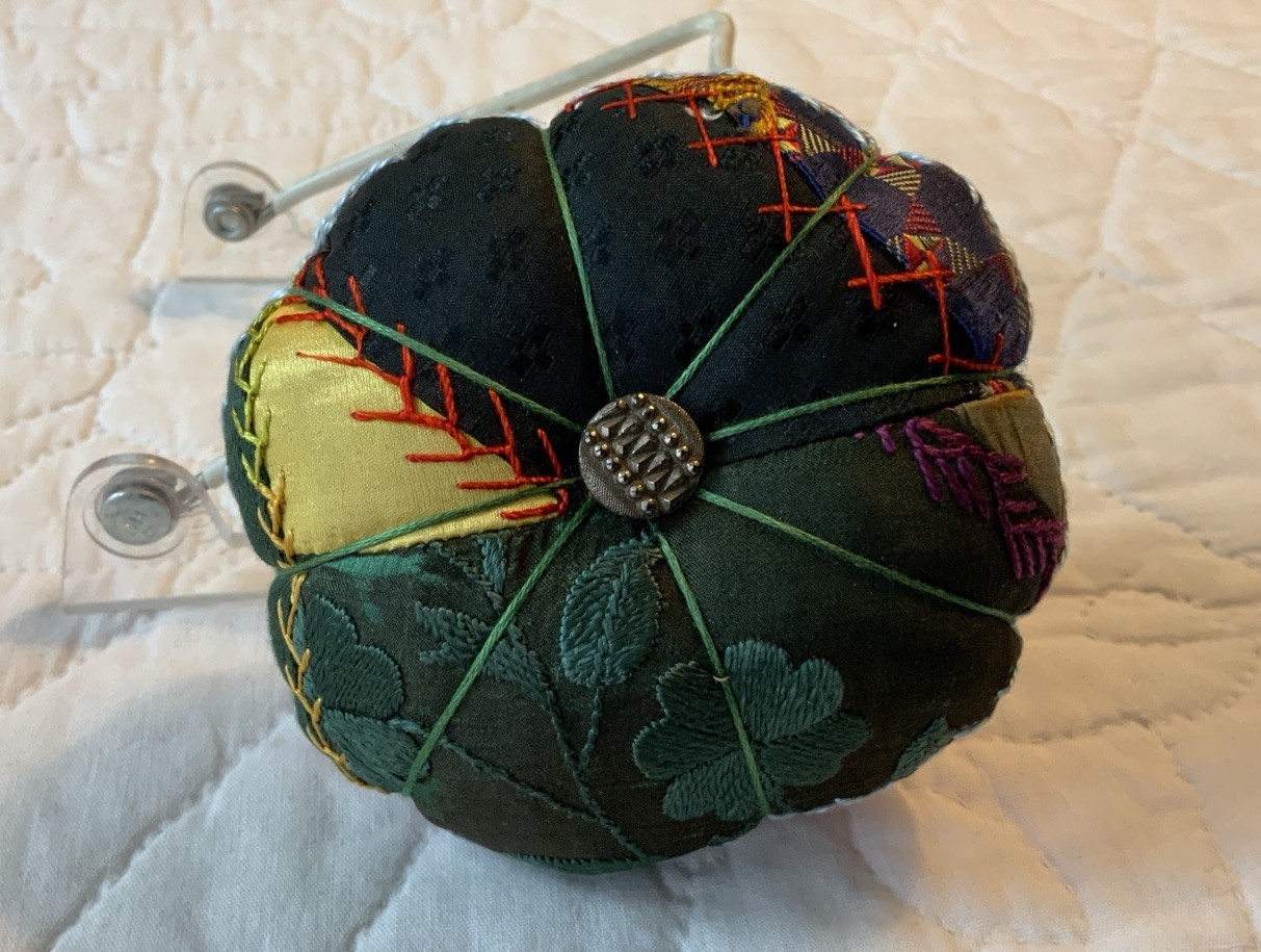 Antique Crazy Quilt Pin Cushion, Round, Hand Made, Embroidery Stitches