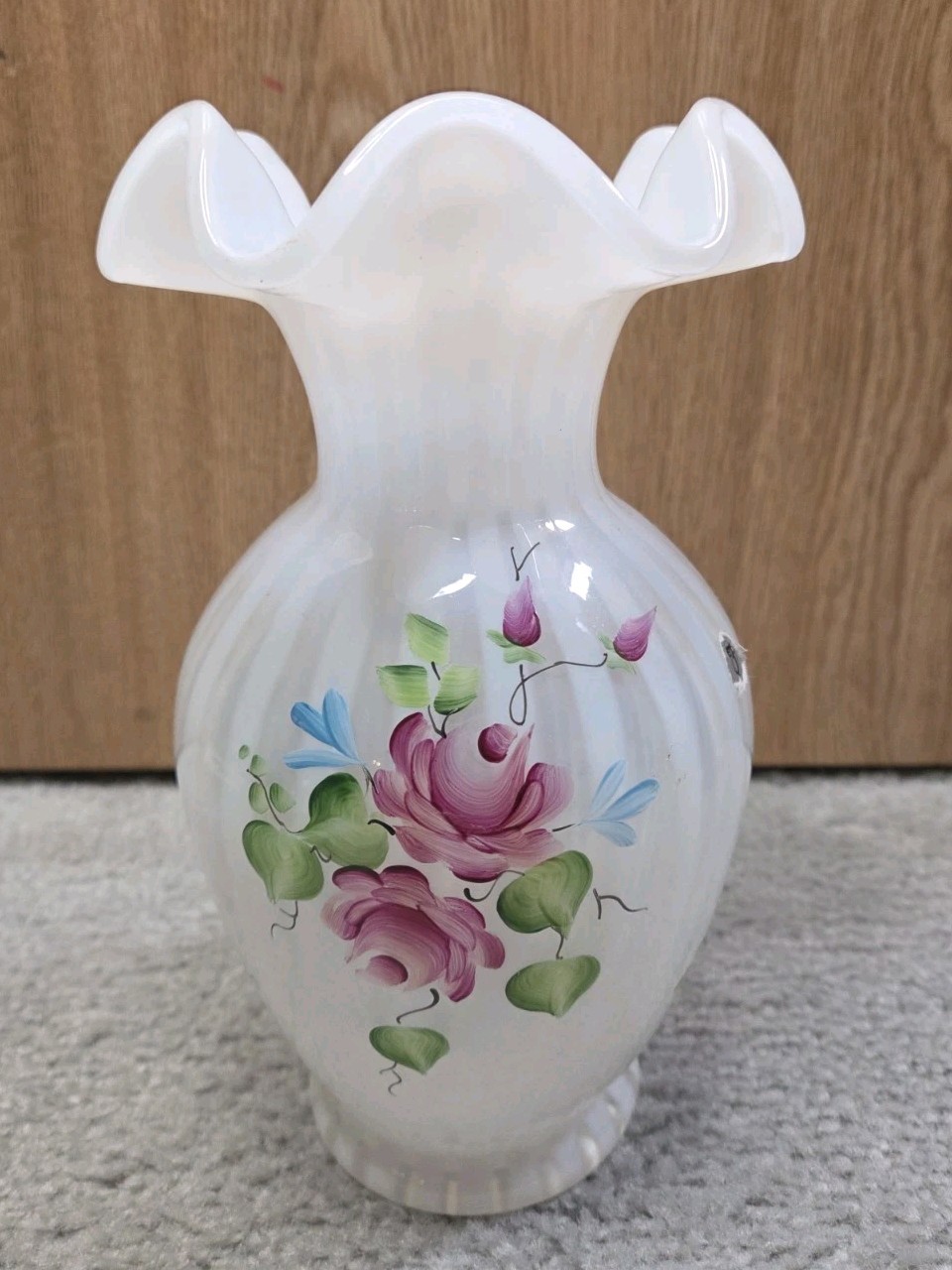 Fenton Opalescent Rib Optic Cottage Marthas Rose Aurora Vase Hand Painted Signed Fenton Opalescent Rib Optic Cottage Marthas Rose Aurora Vase Hand Painted Signed