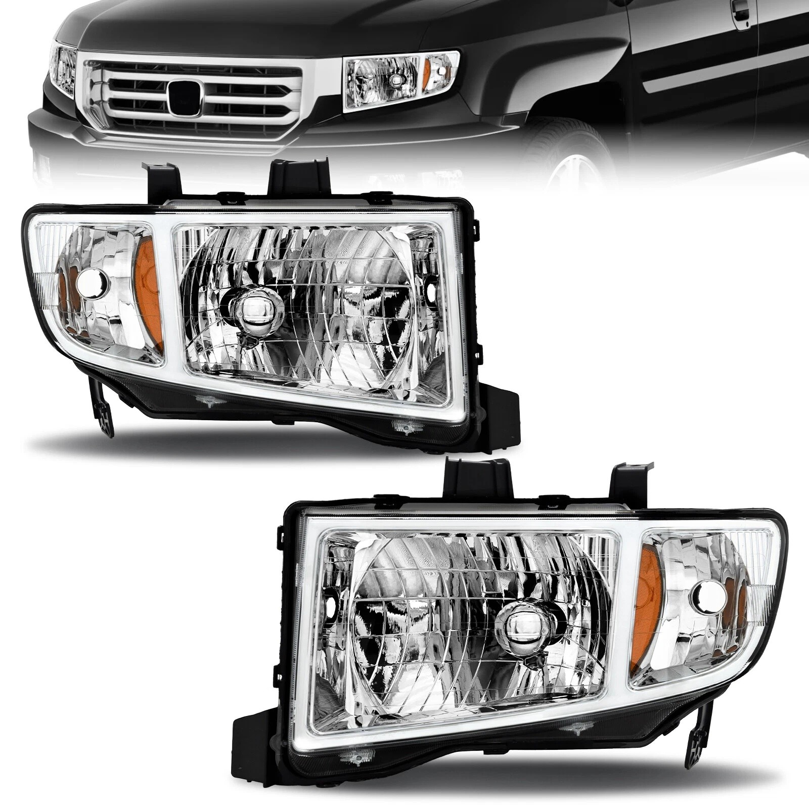 Headlights Headlamps Assembly For 2006-2014 Honda Ridgeline Chrome Amber Pair