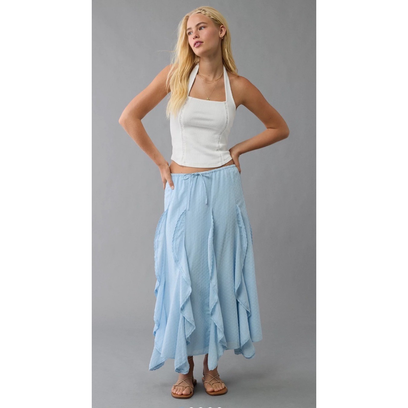 Light Blue Maxi Skirt Cotton 100%Cotton Swiss Dot Boho Magnolia Bloggers Fav S