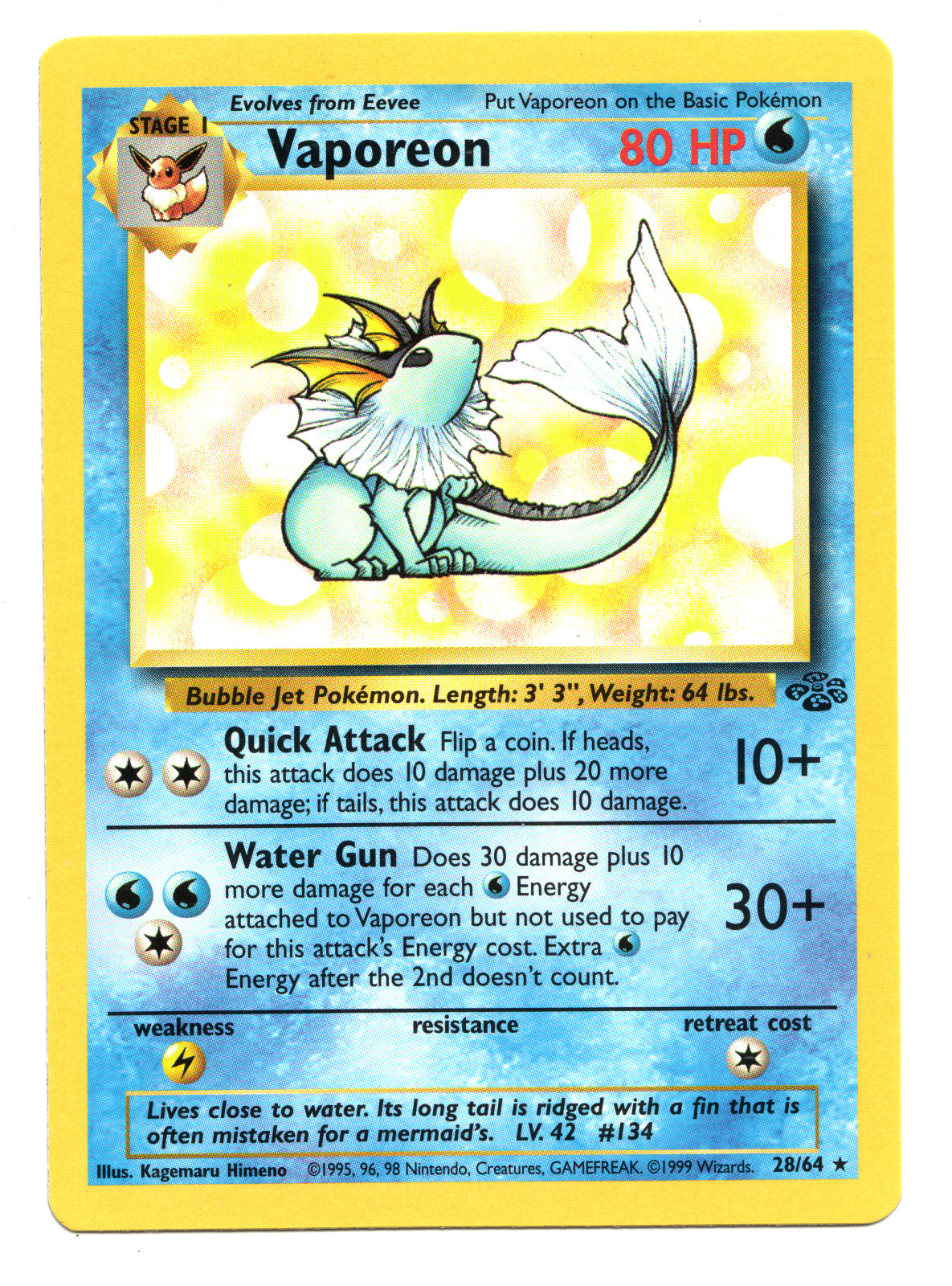 Non Holo Pokemon TCG Vaporeon 28/64 Jungle Regular Rare Unlimited (NM) Near Mint Non Holo Pokemon TCG Vaporeon 28/64 Jungle Regular Rare Unlimited (NM) Near Mint