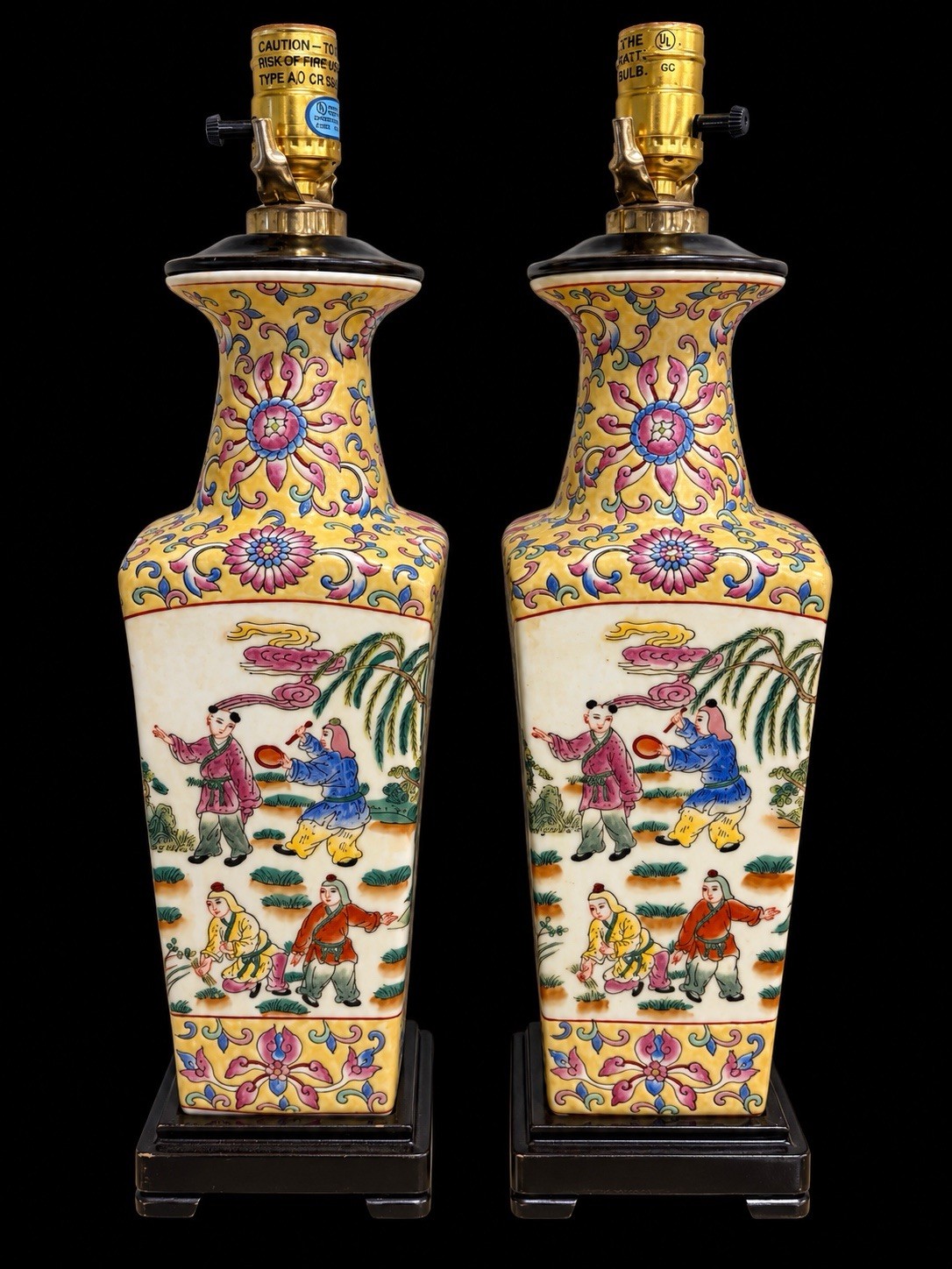 Pair of Vintage Chinese Famille Rose Lamps Hand Painted