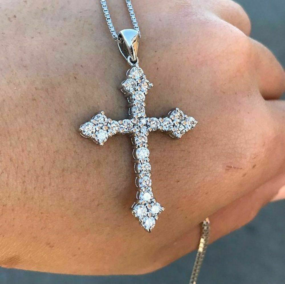 14K White Gold 1.20Ct Round Lab-Created Diamond Unisex Cross Pendant (No Chain)