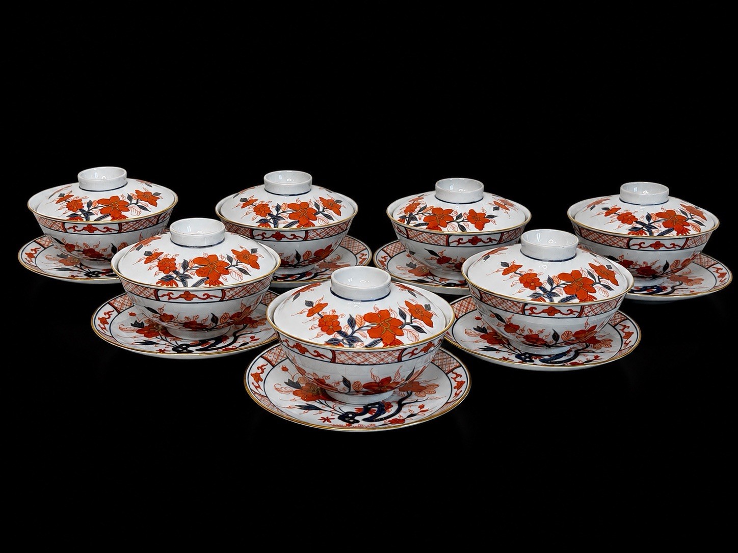 Antique 19th Century Chinese Export Imari Porcelain 7 Lidded Bowls & Saucers Set
