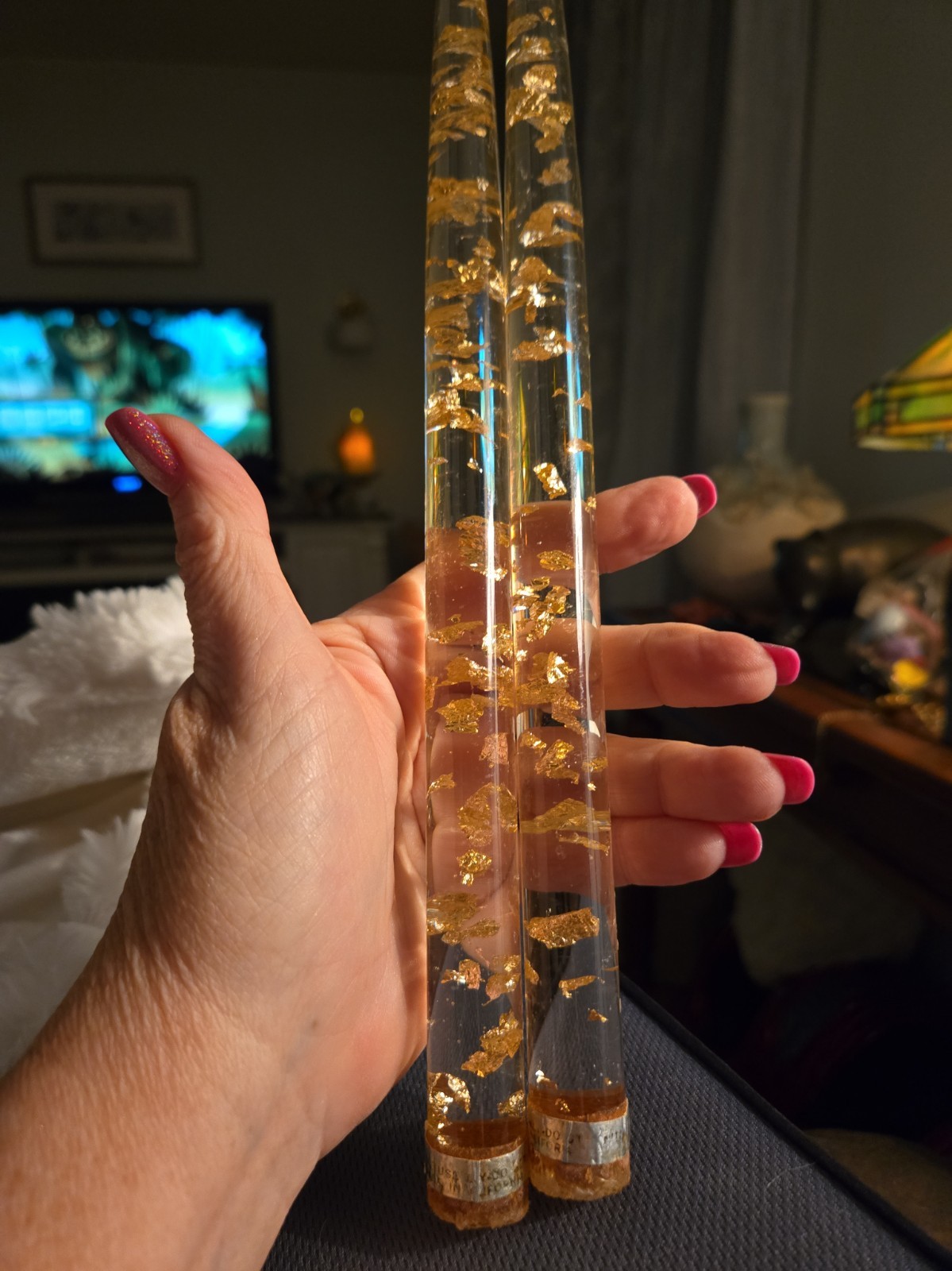 2 Vintage 12” Lucite Candles Clear with Gold Flakes 2 Vintage 12” Lucite Candles Clear with Gold Flakes