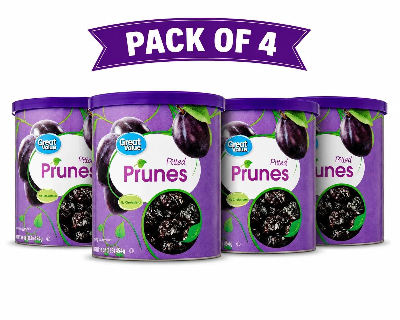 Great Value Unsweetened Prunes 16 oz Canister 4 Pack Bulk Dried Fruit