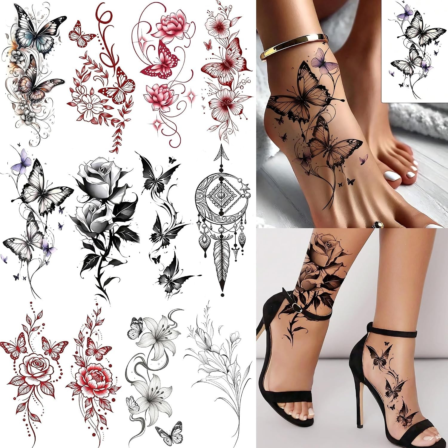 Vibrant 12-Count Floral Tattoos for Women - Waterproof & Long-Lasting Body Art