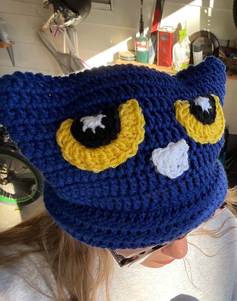 Handmade Pete the Cat Crochet Beanie – Blue Cat Winter Hat with Yellow Eyes