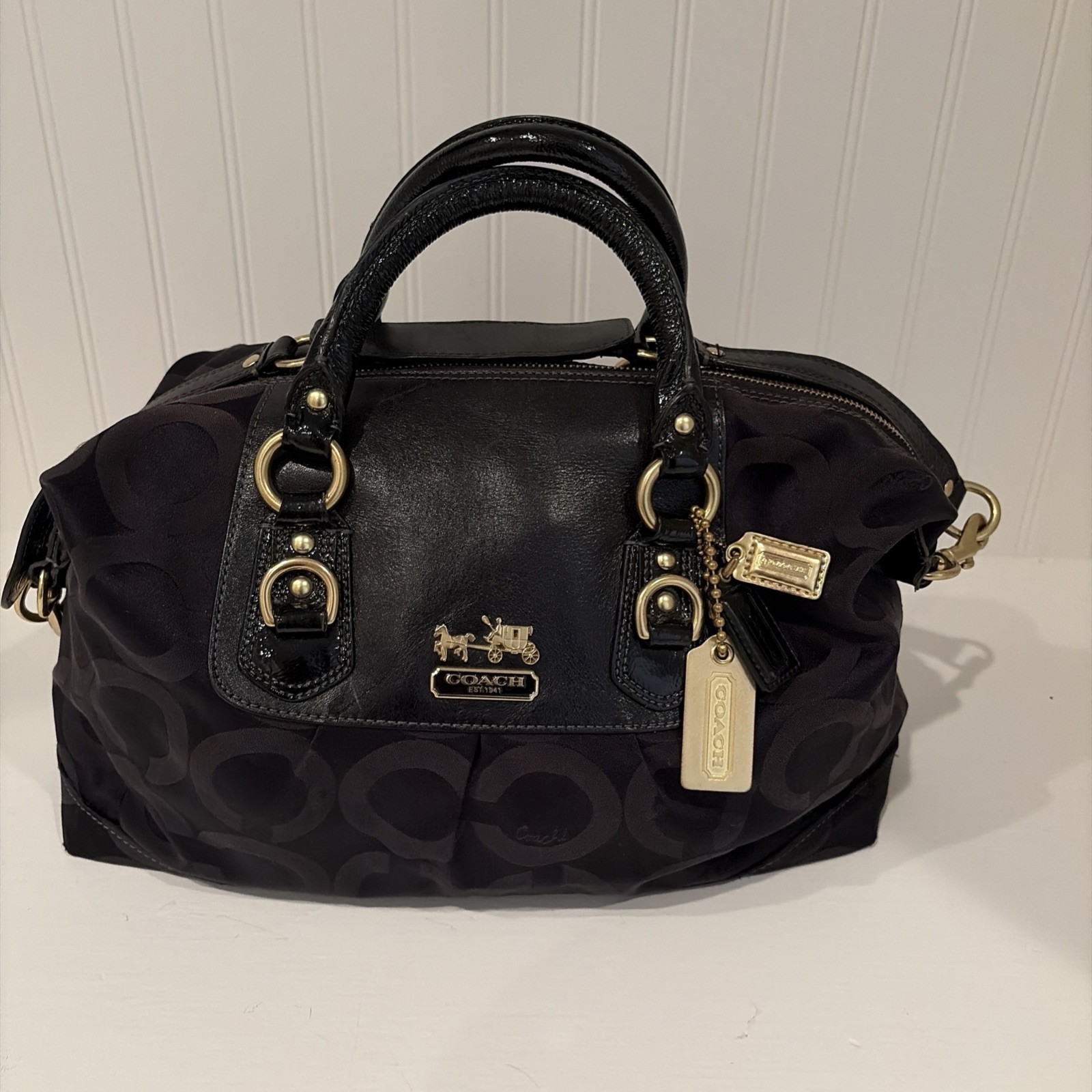 Authentic COACH Madison Op Art Sabrina Satchel Black Purple 12943 Complete 3 Tag