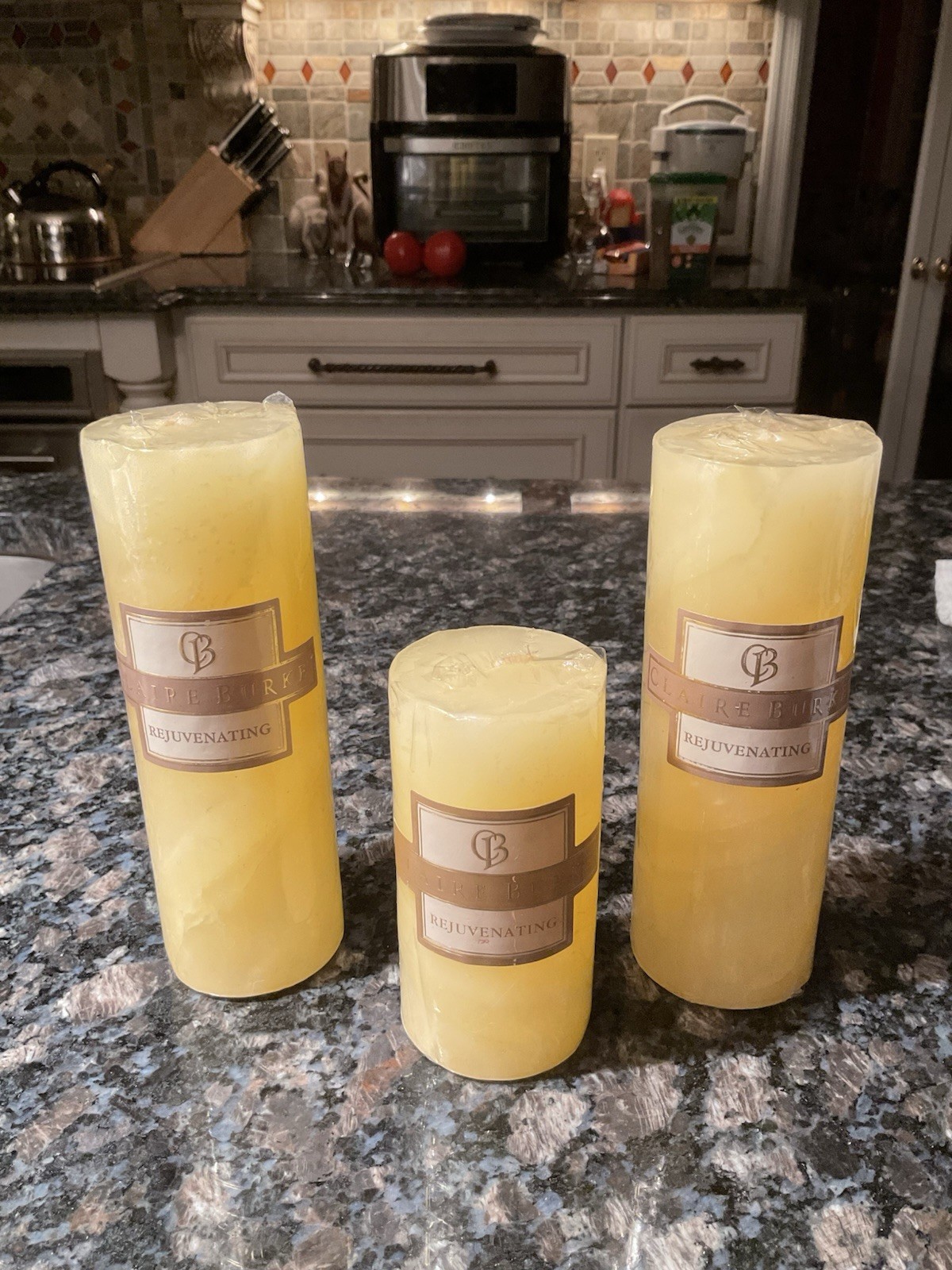3 Vintage Claire Burke Rejuvenating Rosemary Yellow Pillar Candles