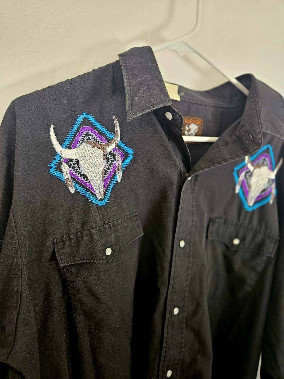 Karman Vintage Black Western Snap Shirt Mens 17.5 Embroidered Bull Skull Aztec  