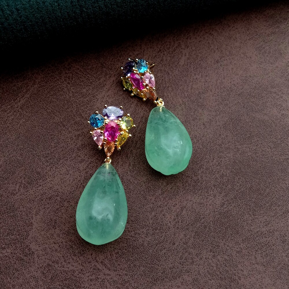Real Green Fluorite Teardrop Cz Pave Stud Drop Earrings Real Green Fluorite Teardrop Cz Pave Stud Drop Earrings