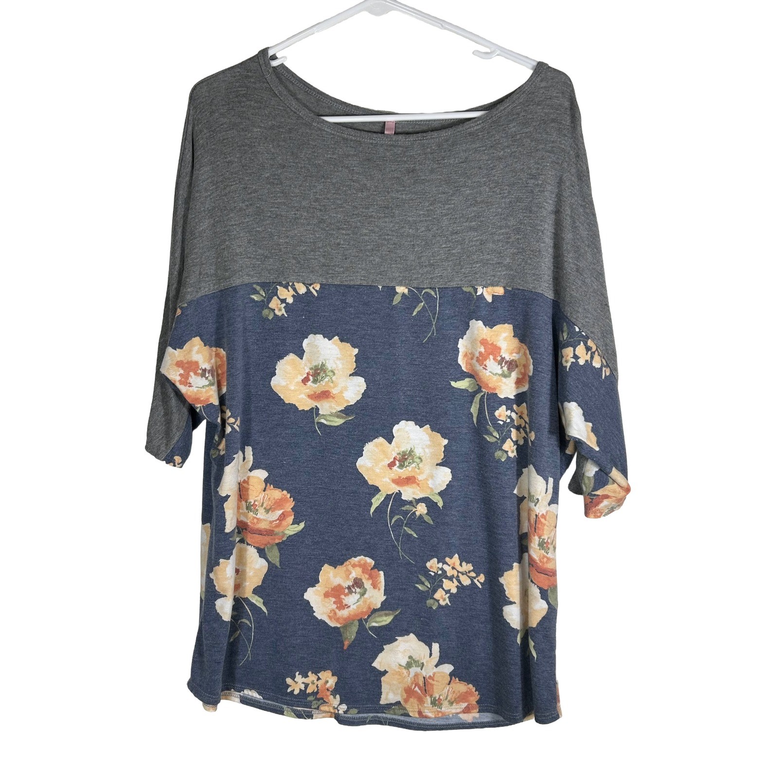 Cool Melon Womens XL Colorblock Floral Dolman Sleeve Top Grey Navy Blue 2234