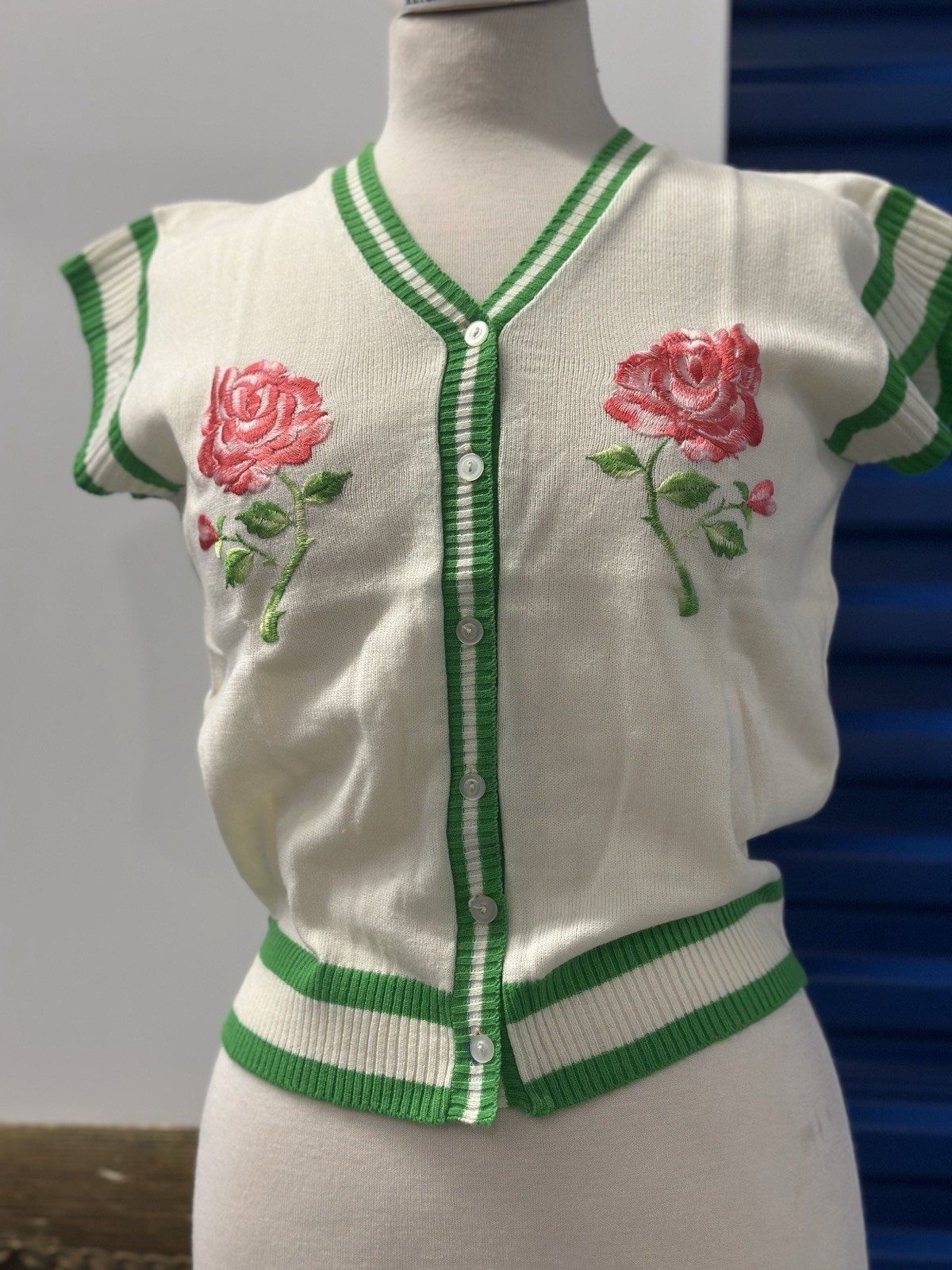 Vintage Helen Sue 1970’s Backstock Held Sleeve Cardigan With Green Trim Vintage Helen Sue 1970’s Backstock Held Sleeve Cardigan With Green Trim
