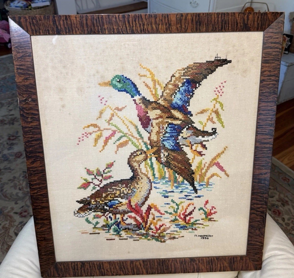 Framed MCM Finished Cross Stitch Mallard Ducks Water Scene Signed 1950 Grandpa Framed MCM Finished Cross Stitch Mallard Ducks Water Scene Signed 1950 Grandpa