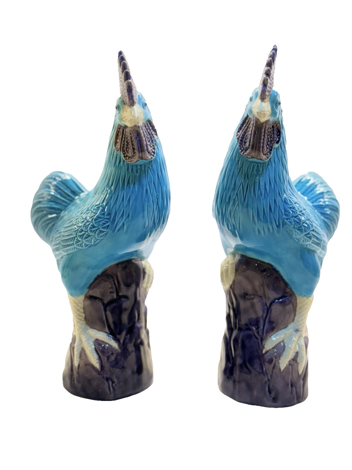 Vintage Chinese Turquoise Aubergine Porcelain Glazed Mirror Rooster Figurines