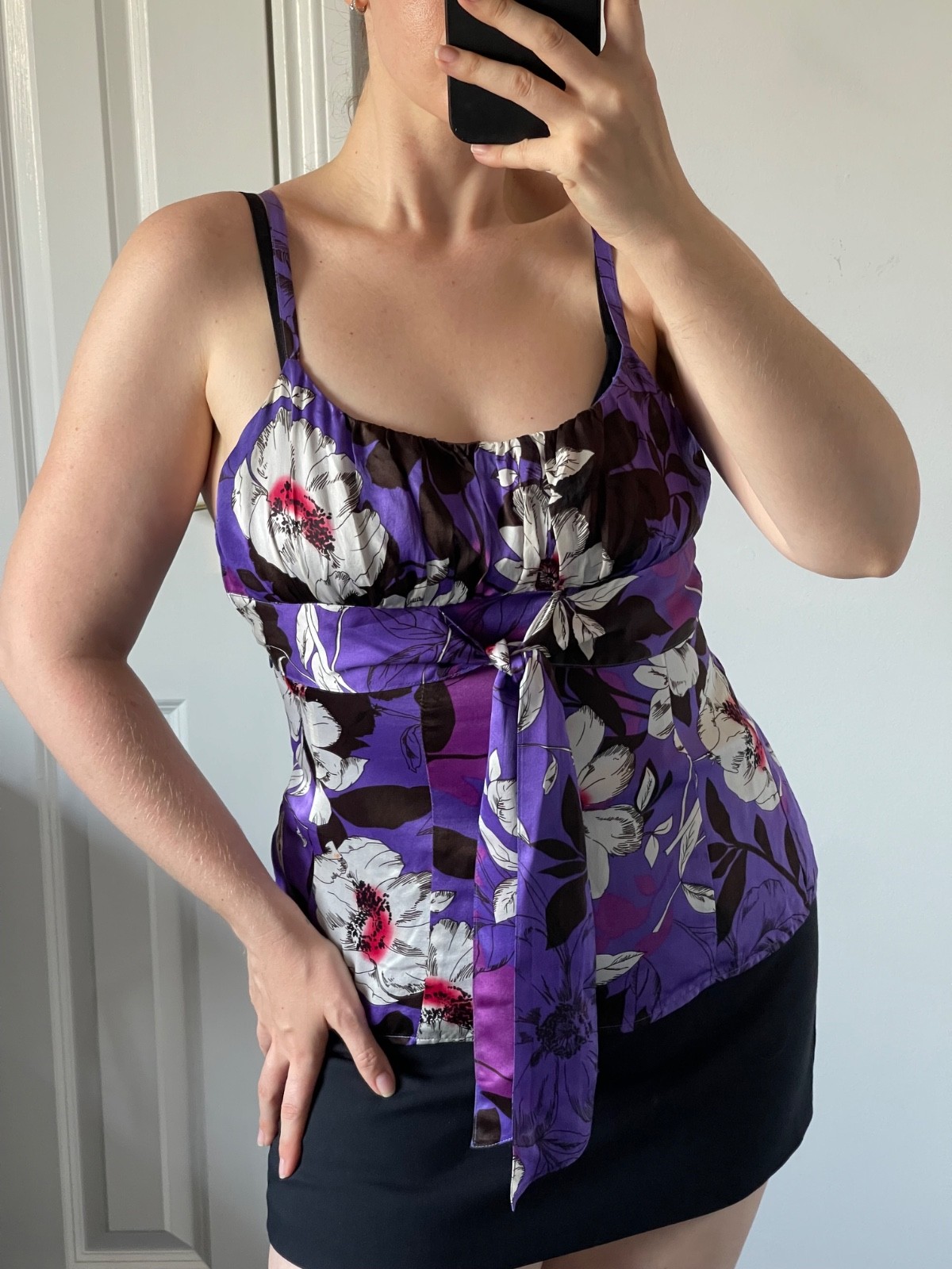 Monsoon Purple 100% Silk Floral Cami Top UK 8-10 Y2K 2000s Boho Tie Waist