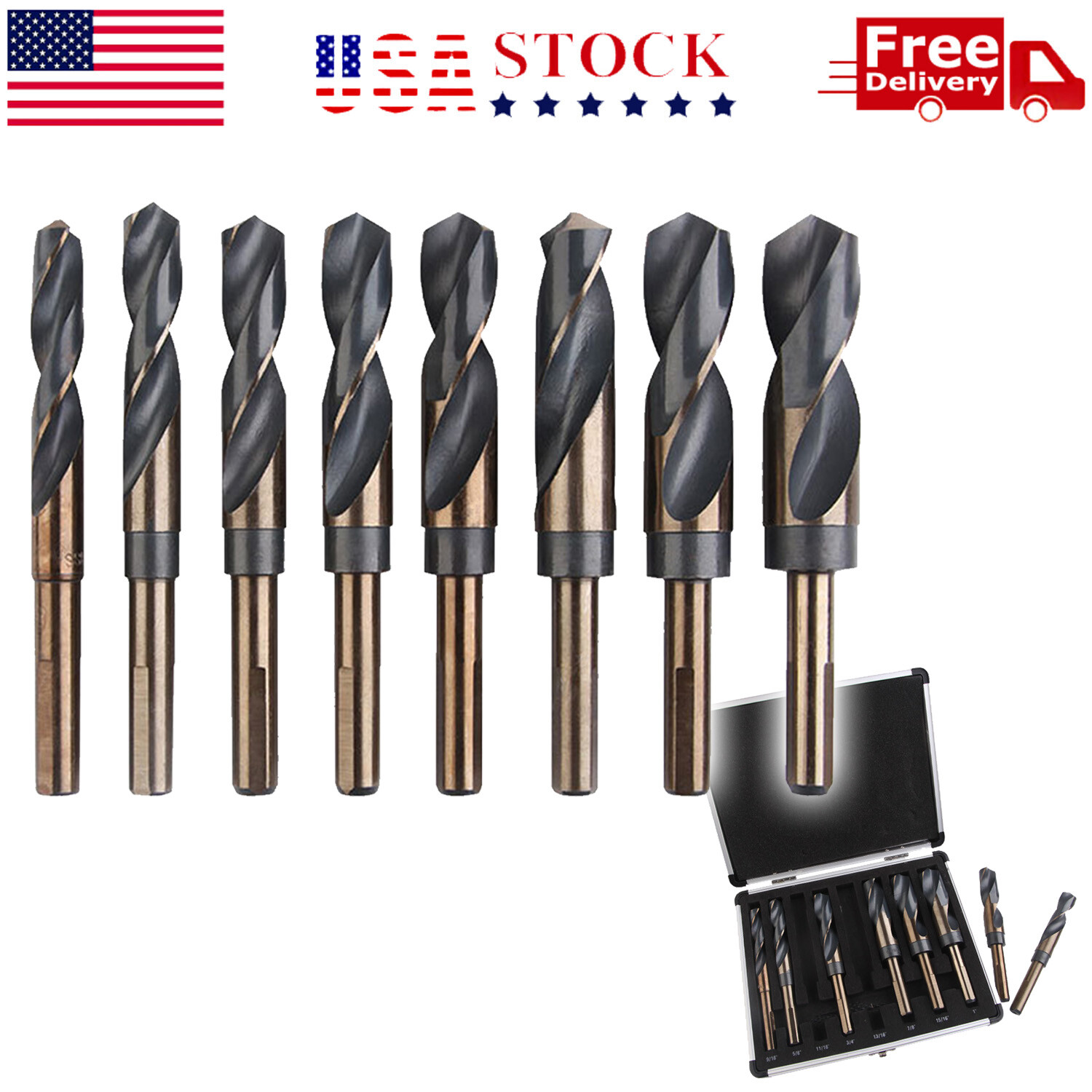 8 PCS HSS Cobalt Silver and Deming Drill Bits Set Large Size 9/16 inch to 1 inch 8 PCS HSS Cobalt Silver and Deming Drill Bits Set Large Size 9/16 inch to 1 inch