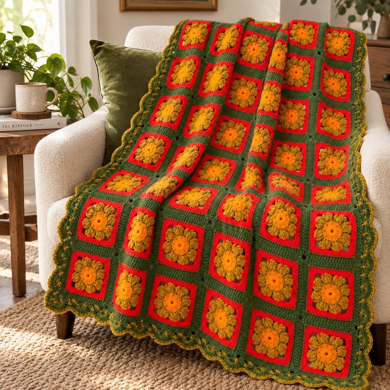 Vintage Handmade Granny Square Crochet Blanket Floral Afghan Green Orange 45x49