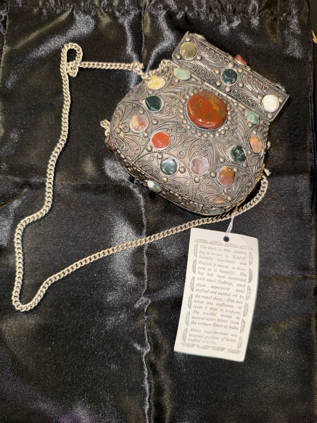 Vintage Sajai Metal Purse With Natural Agate Jasper Stones