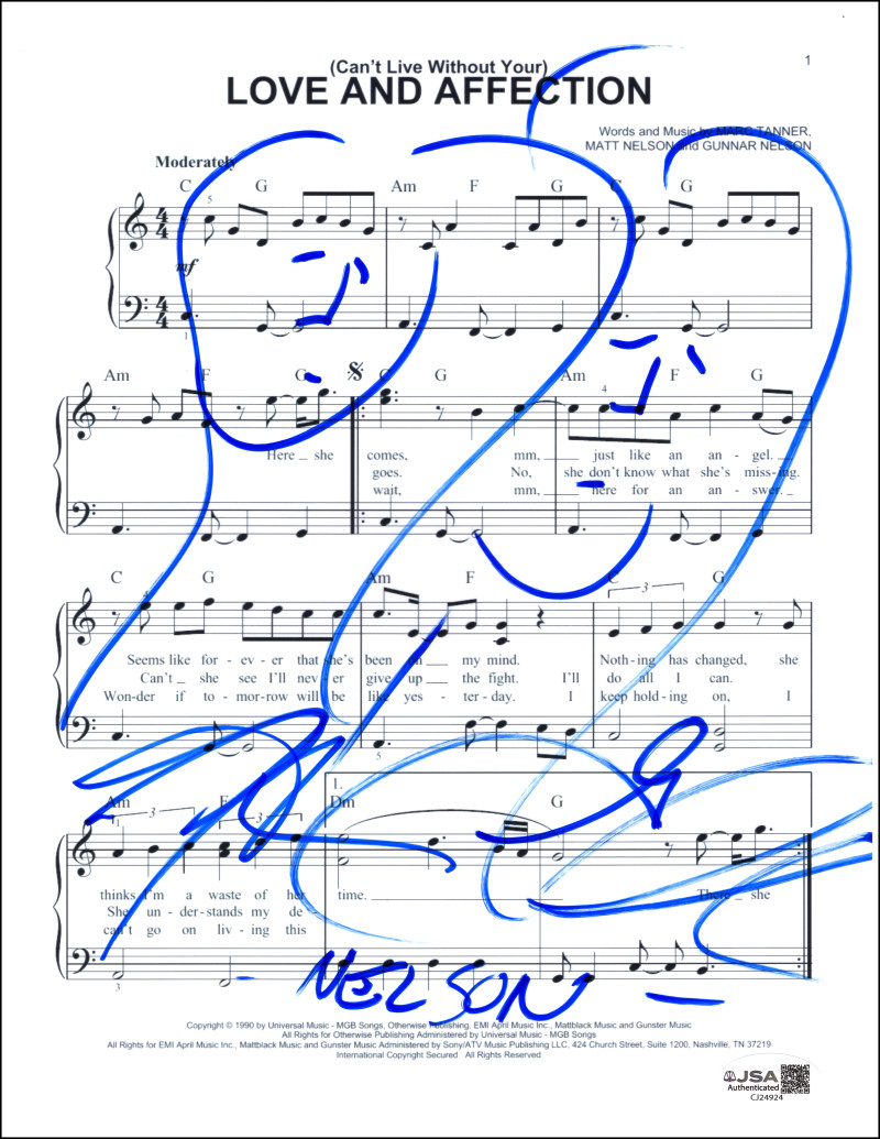 Gunnar & Matthew Nelson Signed Autograph Love & Affection Sheet Music Sketch JSA