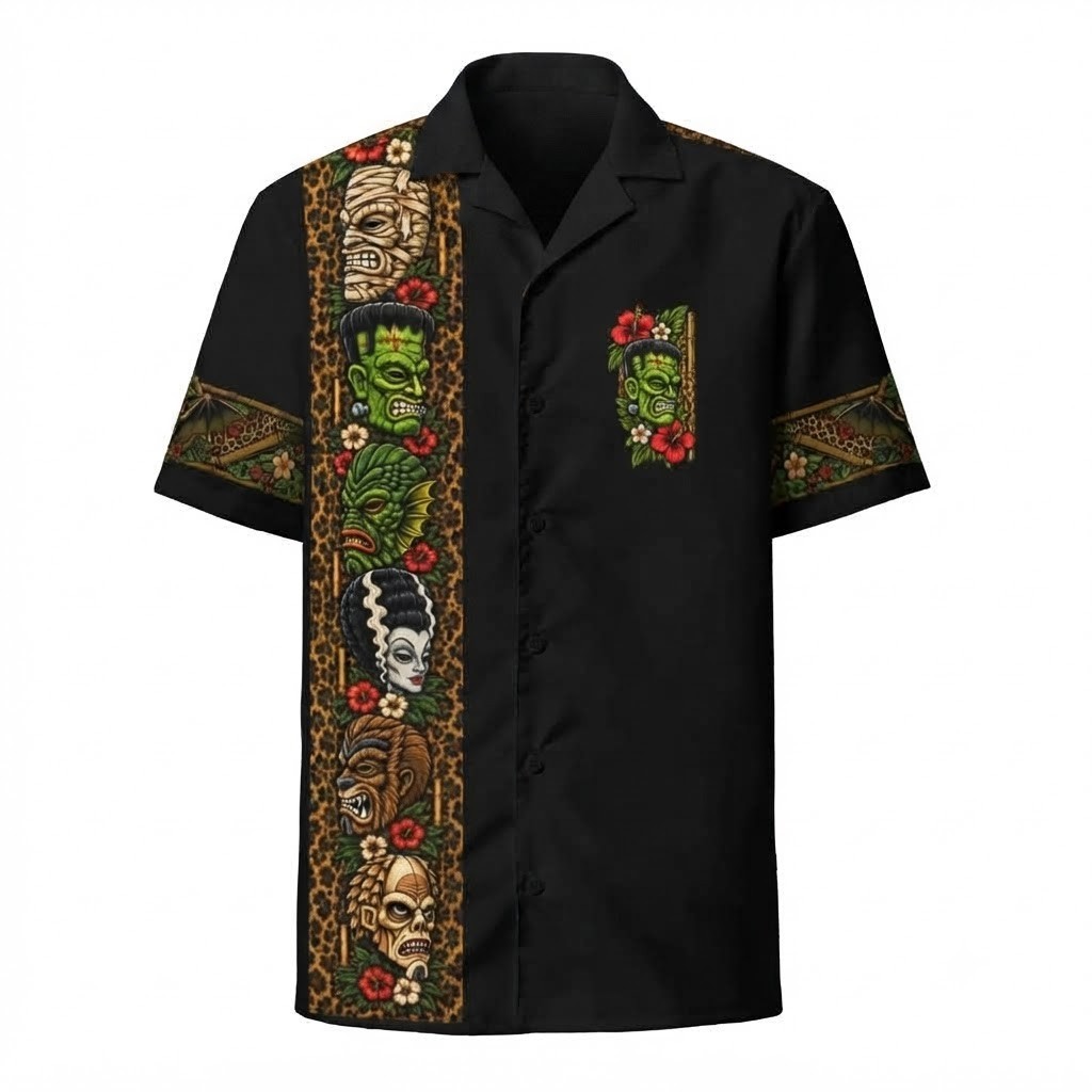 Monster Safari Halloween Vintage Spooky Hawaiian Shirt Aloha Button Up Hawaiian