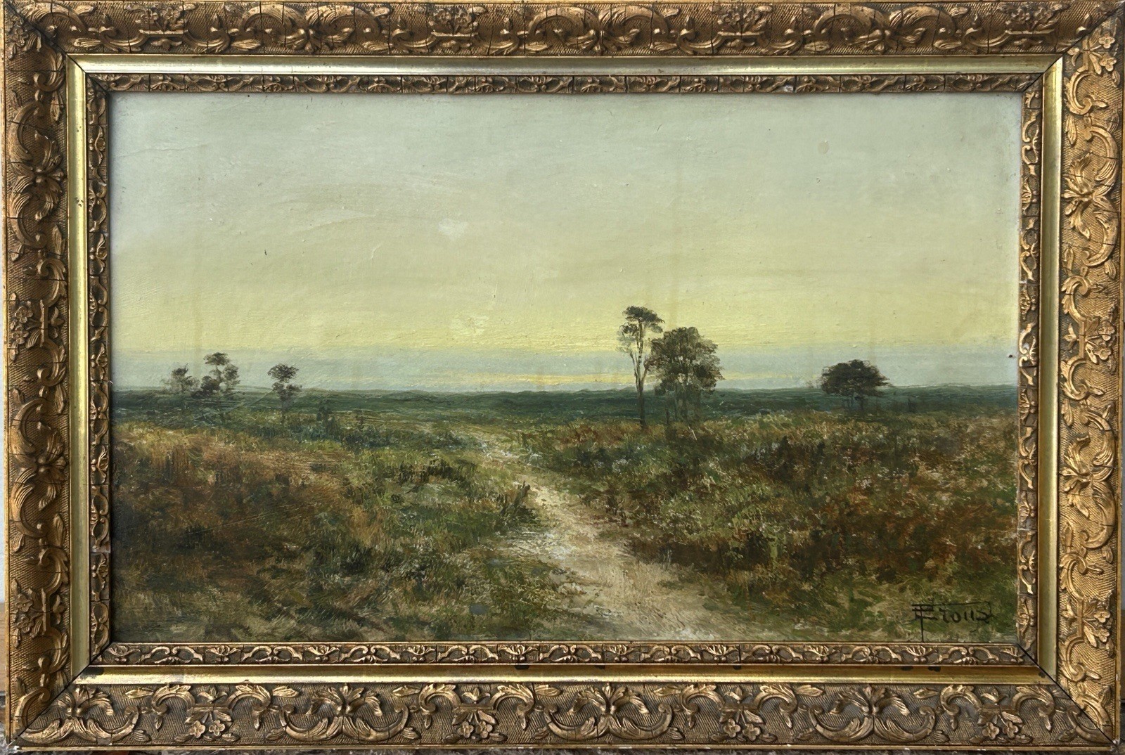 Impressionist Antique Original Landscape Sky Field Oil Painting, Signed, Framed