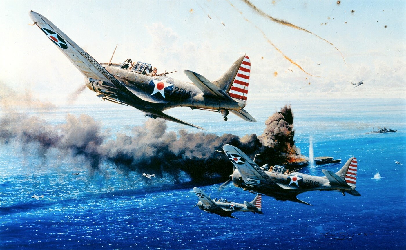 The Battle of the Coral Sea by Robert Taylor signed by TEN WWII Dauntless Pilots