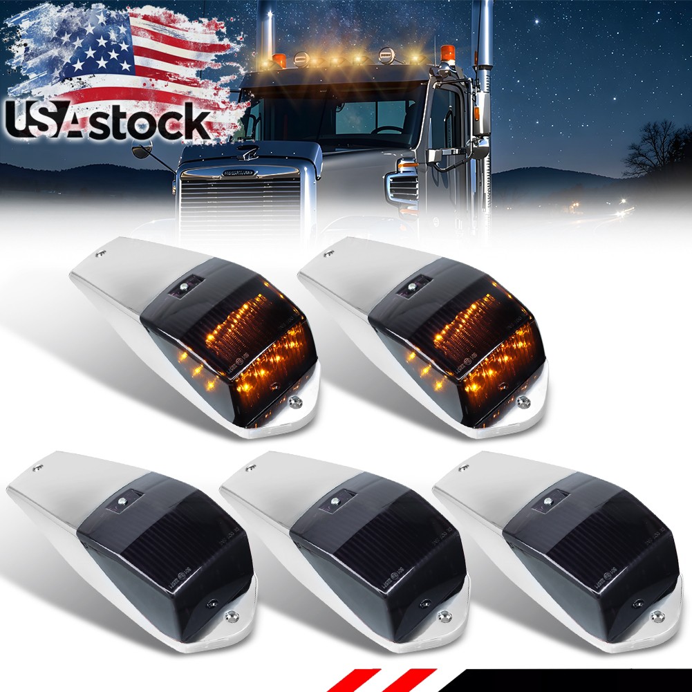 5PCS Smoked Lens Amber LED Cab Roof Marker Lights Chrome For Kenworth Peterbilt