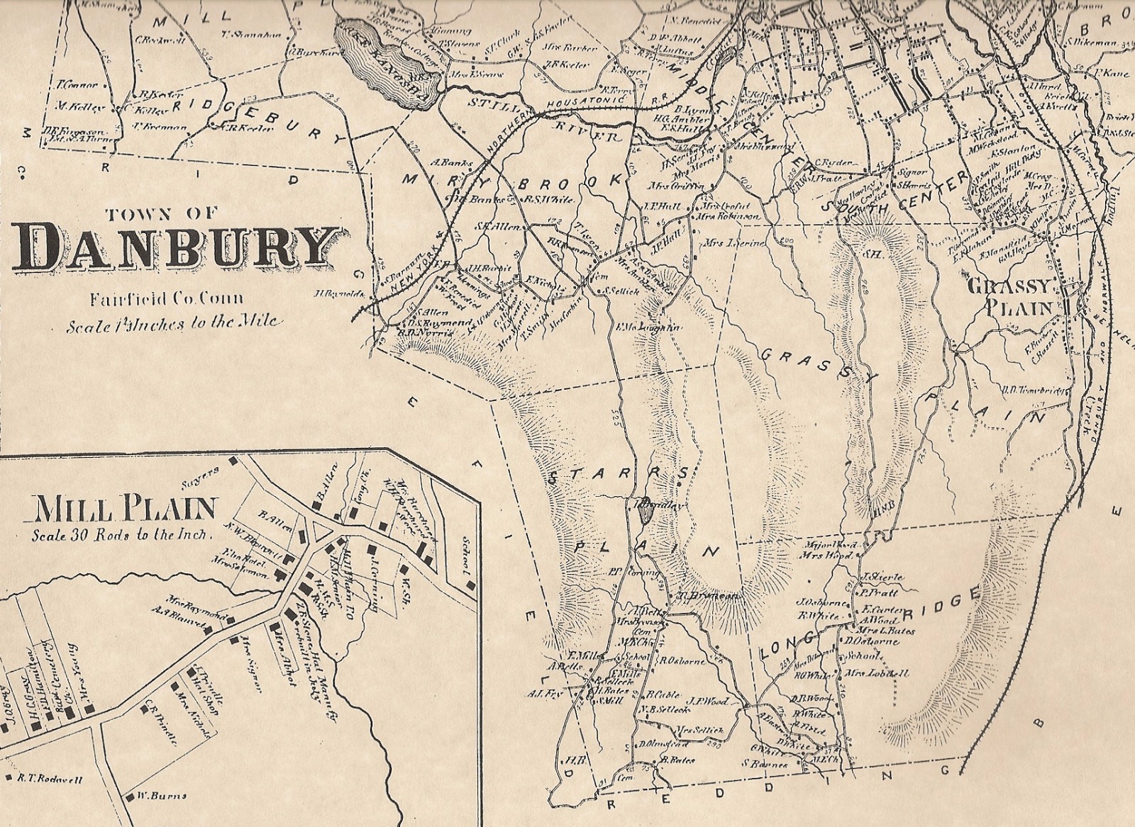 Danbury CT 1867  Map with Businesses and Homeowners Names Shown