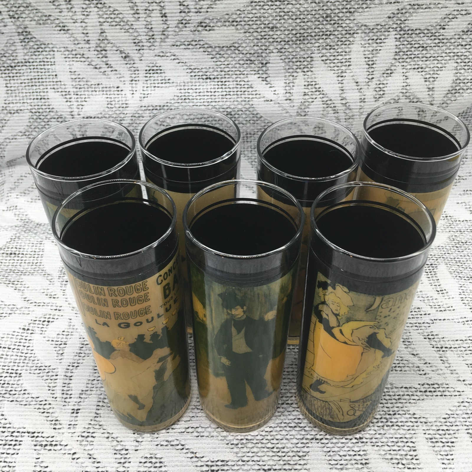 VTG Toulouse-Lautrec Art Moulin Rouge La Goulue Highball Bar Glasses Set Of 7