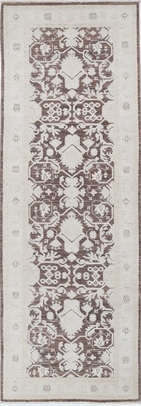 2.6x8 ft Hand Knotted Turkish Kitchen Runner Rug in Beige, Brown. Corridor Rug