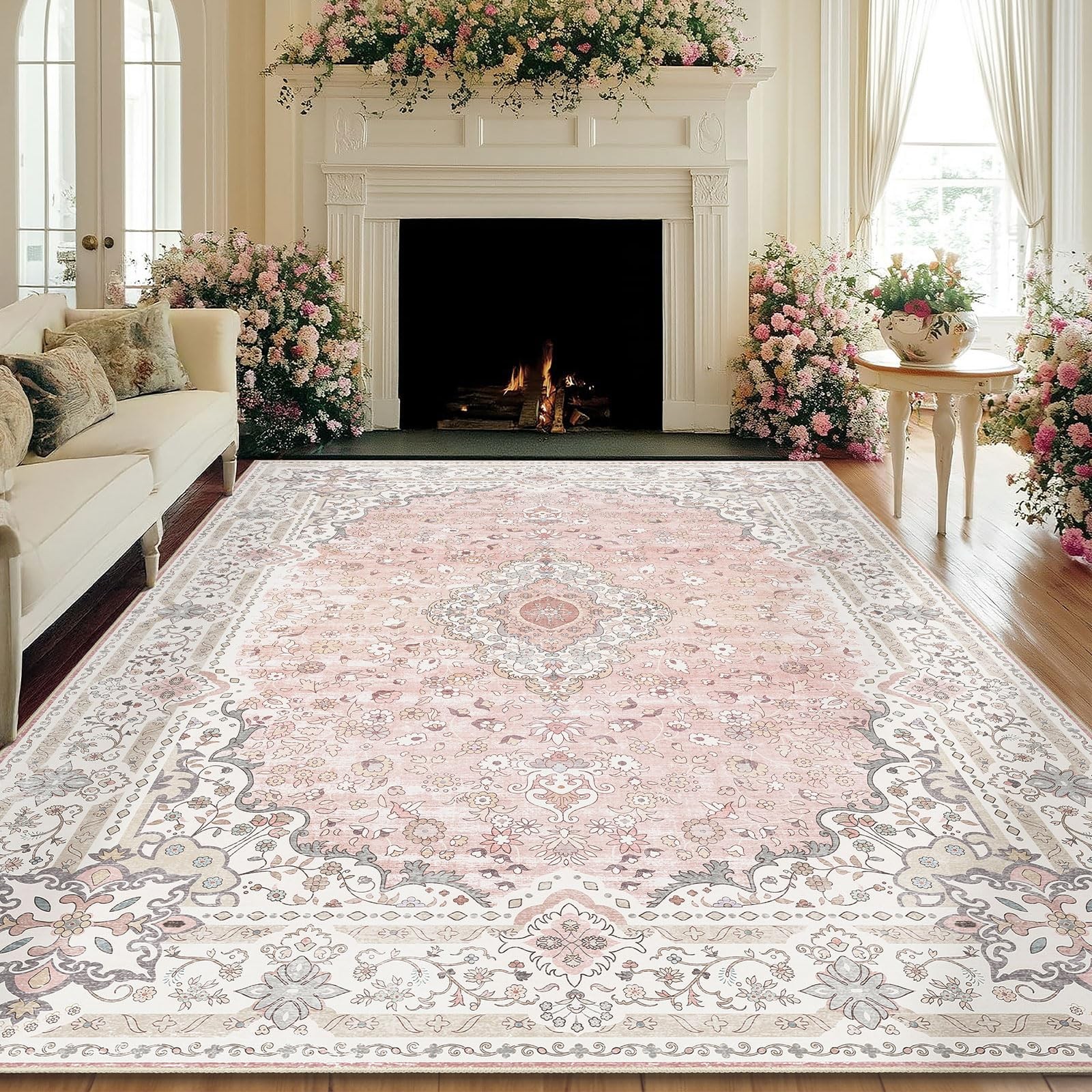 Brakki Washable 8x10 Area Rugs for Living Room Clearance, Large Vintage Pink ...