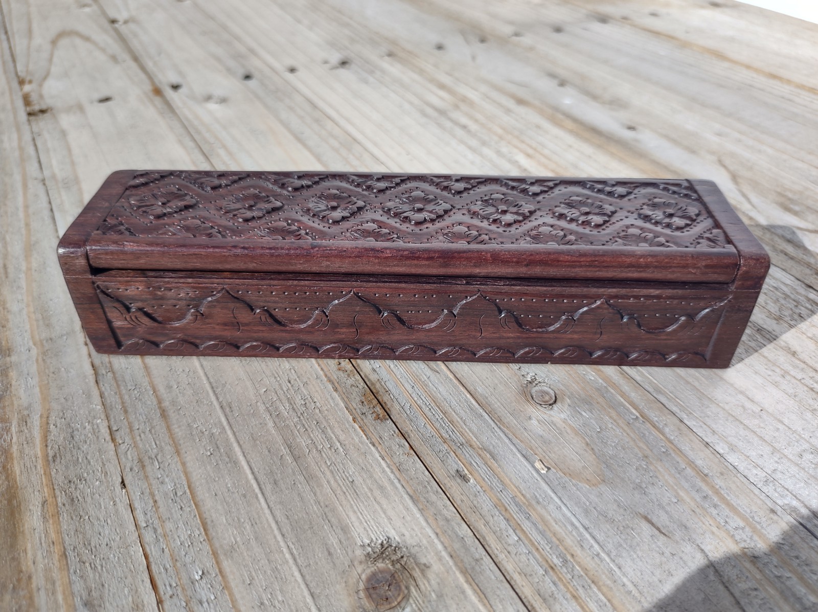 Vintage Wooden Jewelry Box Antique Carved Waves Mountain Flowers Geometric