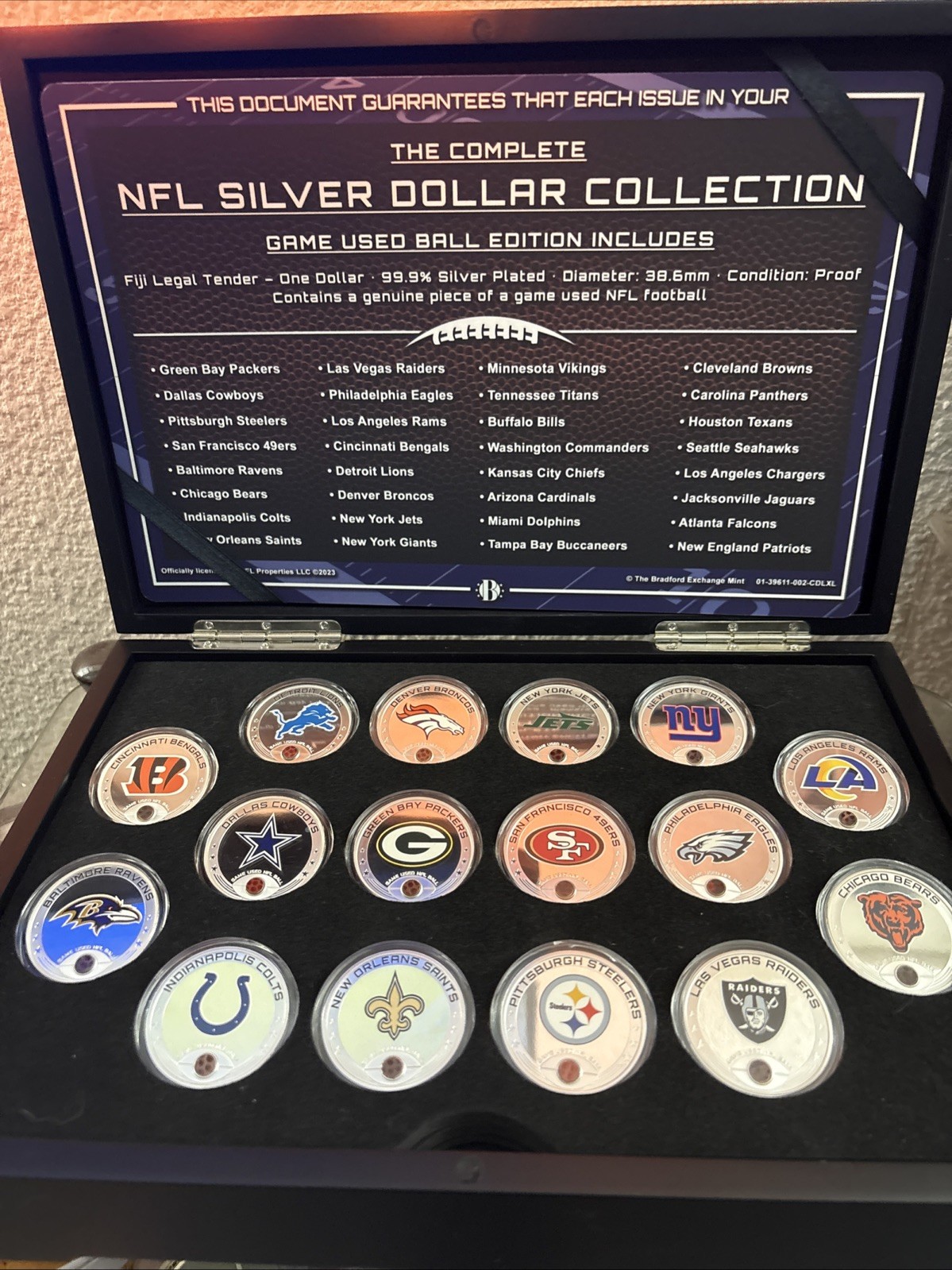 Half Set Bradford Exchange 2023 NFL Silver Dollar Game Used Football Collection