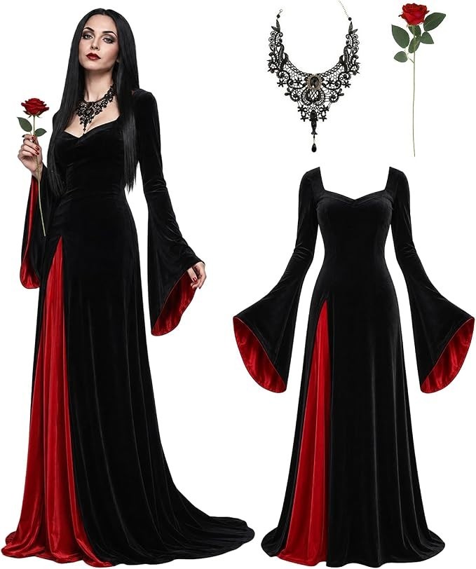 Gothic Women’s Velvet Maxi Dress Halloween Costume Black Red Lace Rose USA Sell