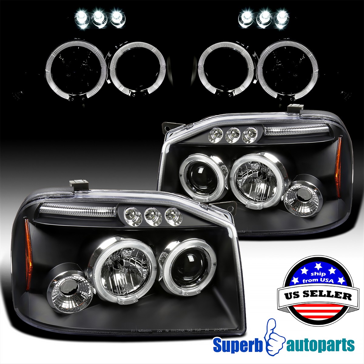 Fit 2001-2004 Frontier Dual Halo Projector Headlights LED Bar Black Lamps