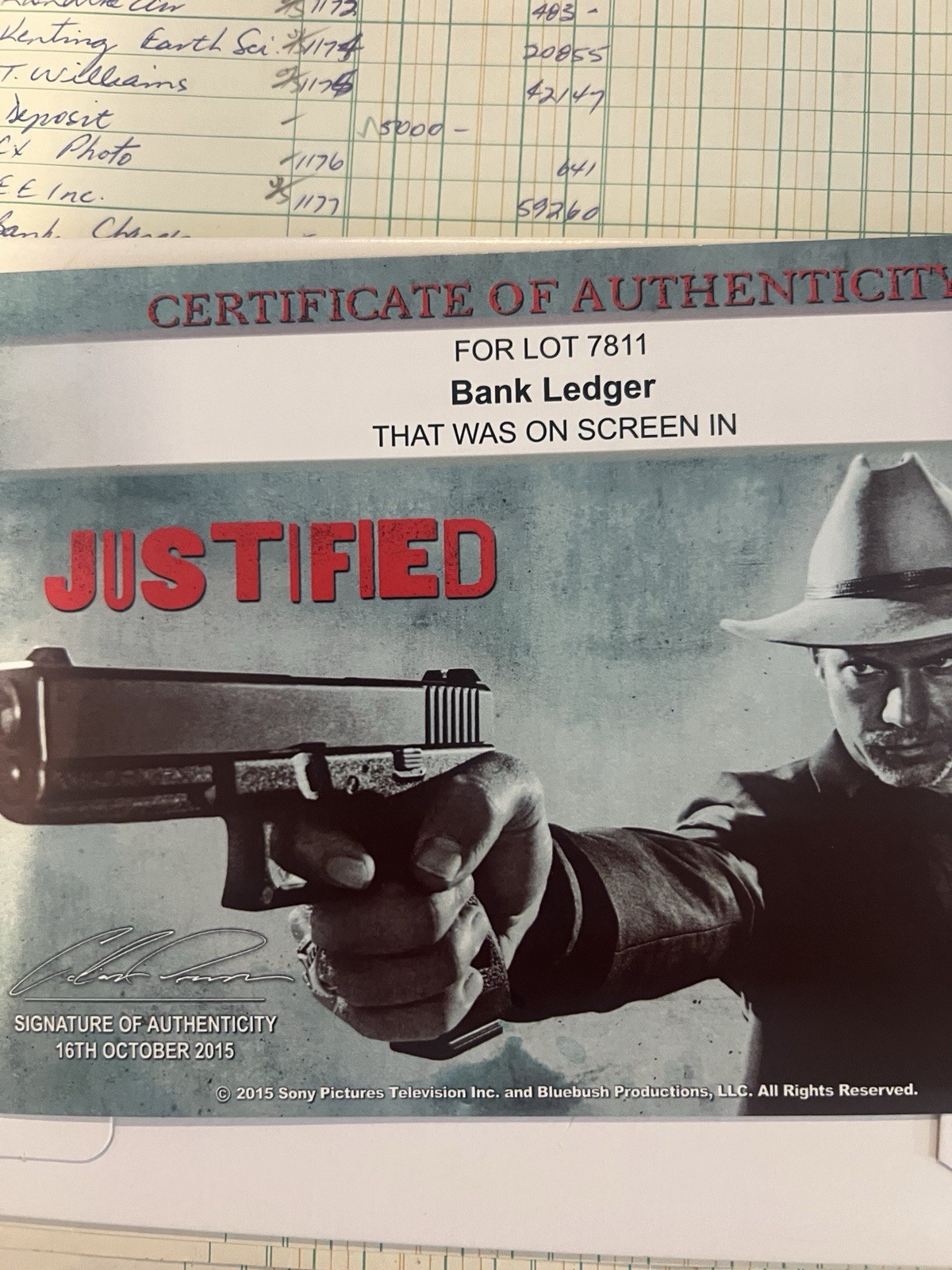 Bank ledger from Justified the series with COA memorbilia
