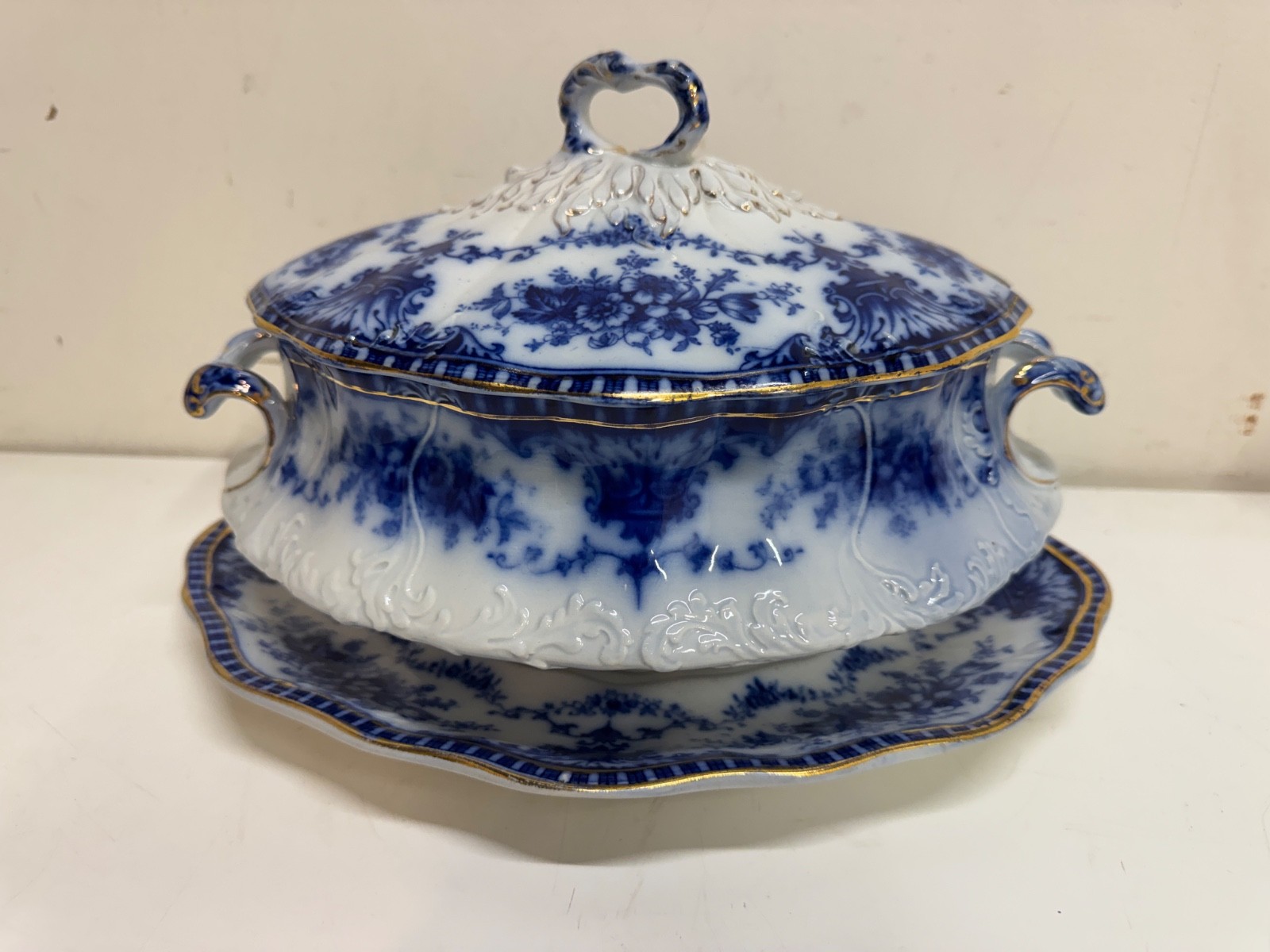 Antique S. Hancock & Sons “Coronet” Pattern Flow Blue Tureen w/ Lid & Underplate